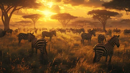 Fotobehang Group of zebras in the wild at sunset, Kruger Park, South Africa © Mahmud Creative