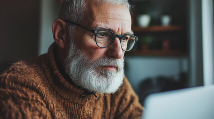 An elderly man gazing at a computer screen