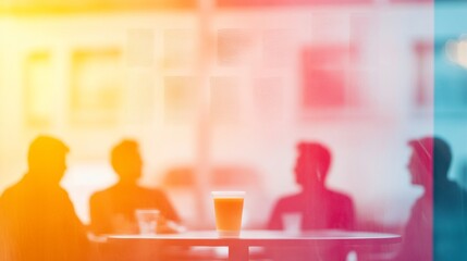 Silhouetted Debate at Vibrant Cafe Window with Abstract Color Overlay