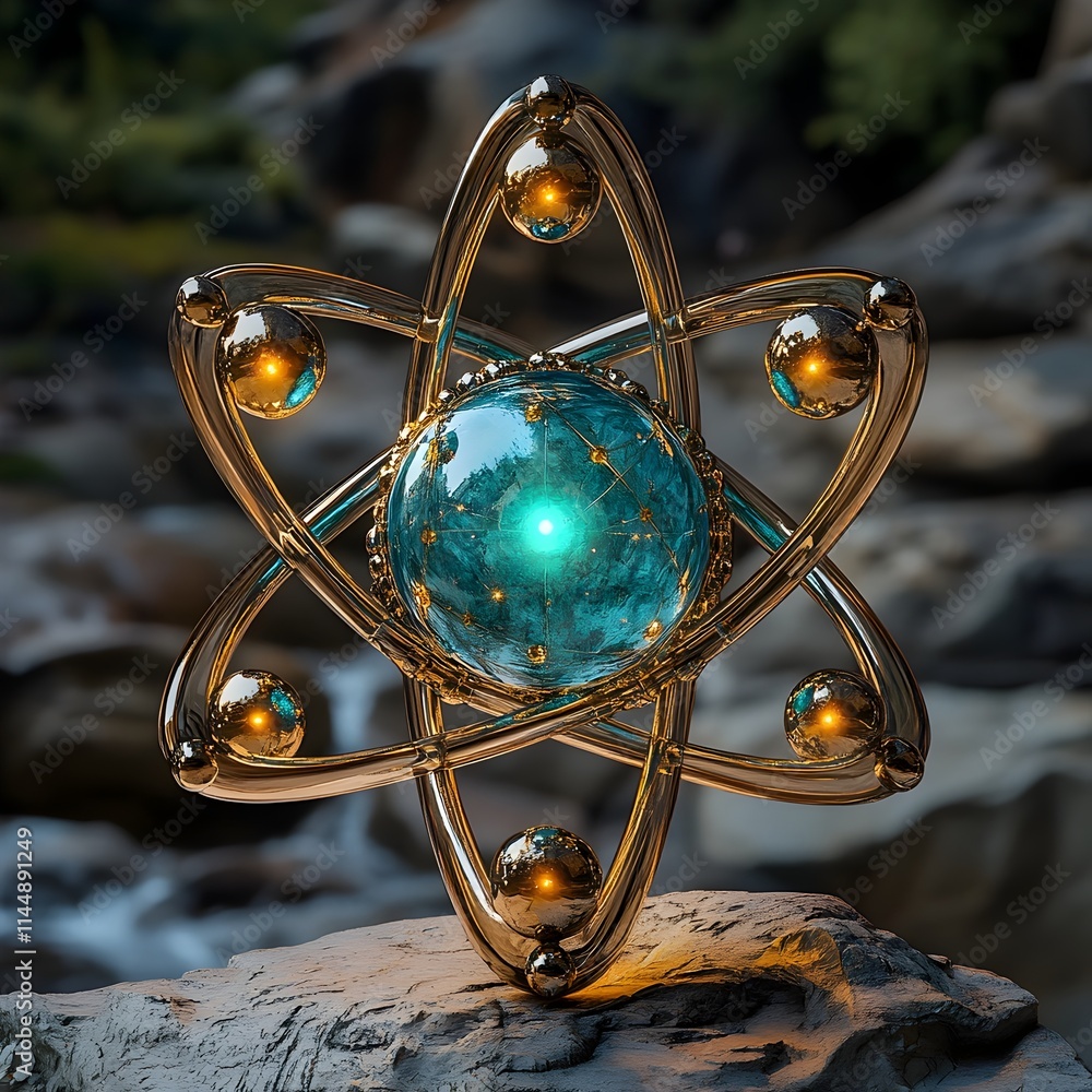 Poster of a technetium atom model showcasing its intricate subshells orbital patterns