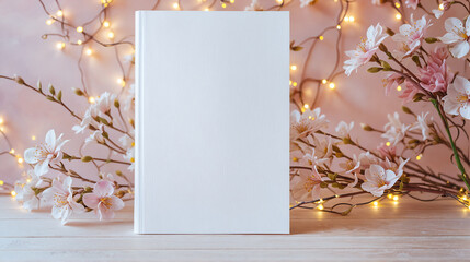 Blank magazine cover template standing against romantic, valentines day background with pink cherry, sakura flowers, hearts, golden light garland. Love romance book. Front view of white book mockup