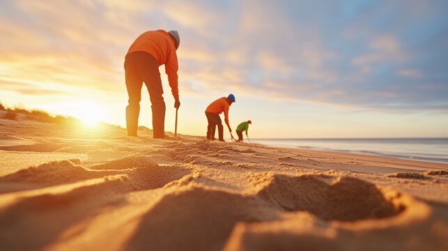Sunrise Beach Cleanup with Volunteers Using Glowing Tools in Surreal Soft Light