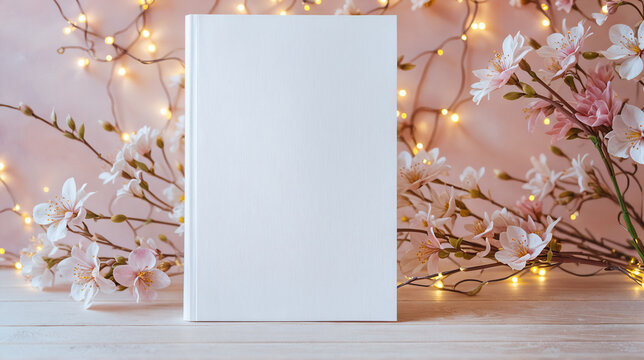Blank magazine cover template standing against romantic, valentines day background with pink cherry, sakura flowers, hearts, golden light garland. Love romance book. Front view of white book mockup
