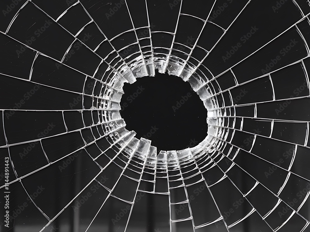Poster abstract fractal background with circles, stark black-and-white image of a broken glass window with 