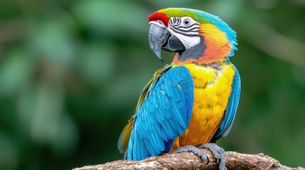 Vibrant blue-and-gold macaw perched on branch.