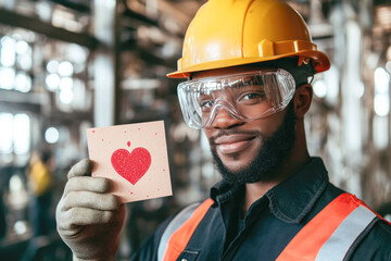 African male young adult construction worker holding heart card in industrial setting