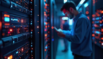 Server Room technician using a tablet for data analysis with bokeh lights and illuminated servers representing the operation of a data center infrastructure.
