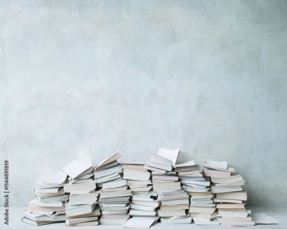 Poster serene stack of books against textured wall soft light and surreal reflections