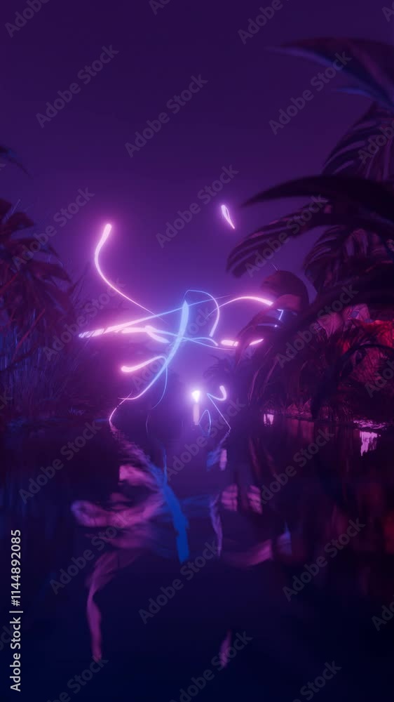 Poster vertical video of abstract neon trails over jungle stream in seamless vj loop