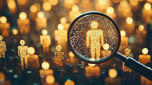 Magnifying glass focuses on a single person amidst a blurred crowd, symbolizing individual selection or focus.  Ideal for business, HR, and recruitment concepts.