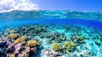 Obraz premium Split-level view of a vibrant coral reef in clear turquoise water under a blue sky.