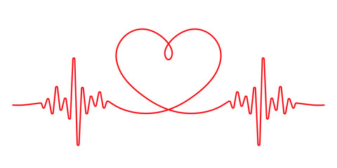 Heart beat one line. Continuous lines heart beats drawing. Wave pulse. Hand draw heartbeat. Design heartbeat for print. Red silhouette cardiogram isolated on white background. Vector illustration