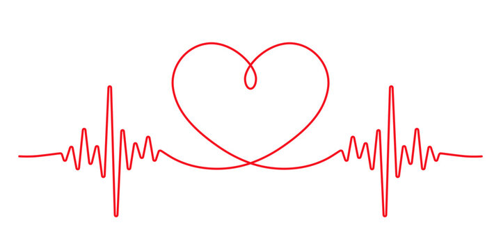 Heart beat one line. Continuous lines heart beats drawing. Wave pulse. Hand draw heartbeat. Design heartbeat for print. Red silhouette cardiogram isolated on white background. Vector illustration