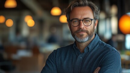 Professional man with glasses in a modern setting.