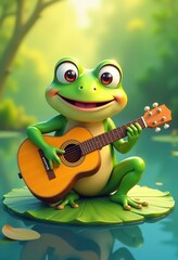 Obraz premium A happy cartoon frog playing an acoustic guitar while sitting on a lily pad with a bright, cheerful, and whimsical atmosphere. Ideal for children and entertainment concepts.