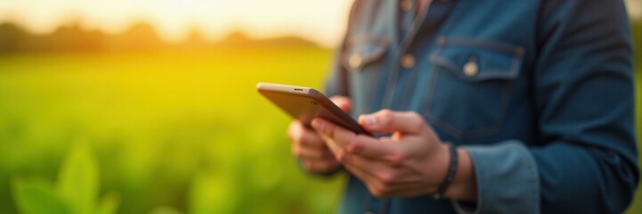 Person using a mobile phone with a blurred field background, bathed in warm sunset light, conveying a sense of connection and modern farming, agriculture concept.