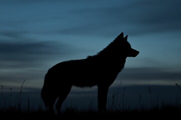 Fototapeta premium Canid silhouette, twilight sky, grassy field.