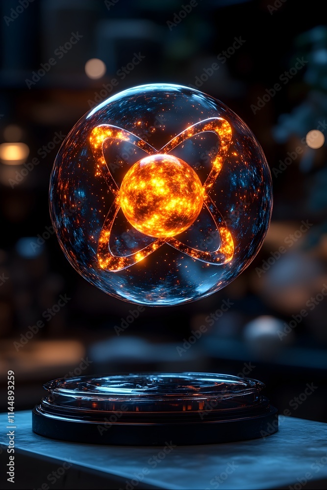 Poster detailed 3d representation of a technetium atom showcasing its electron structure and applications i