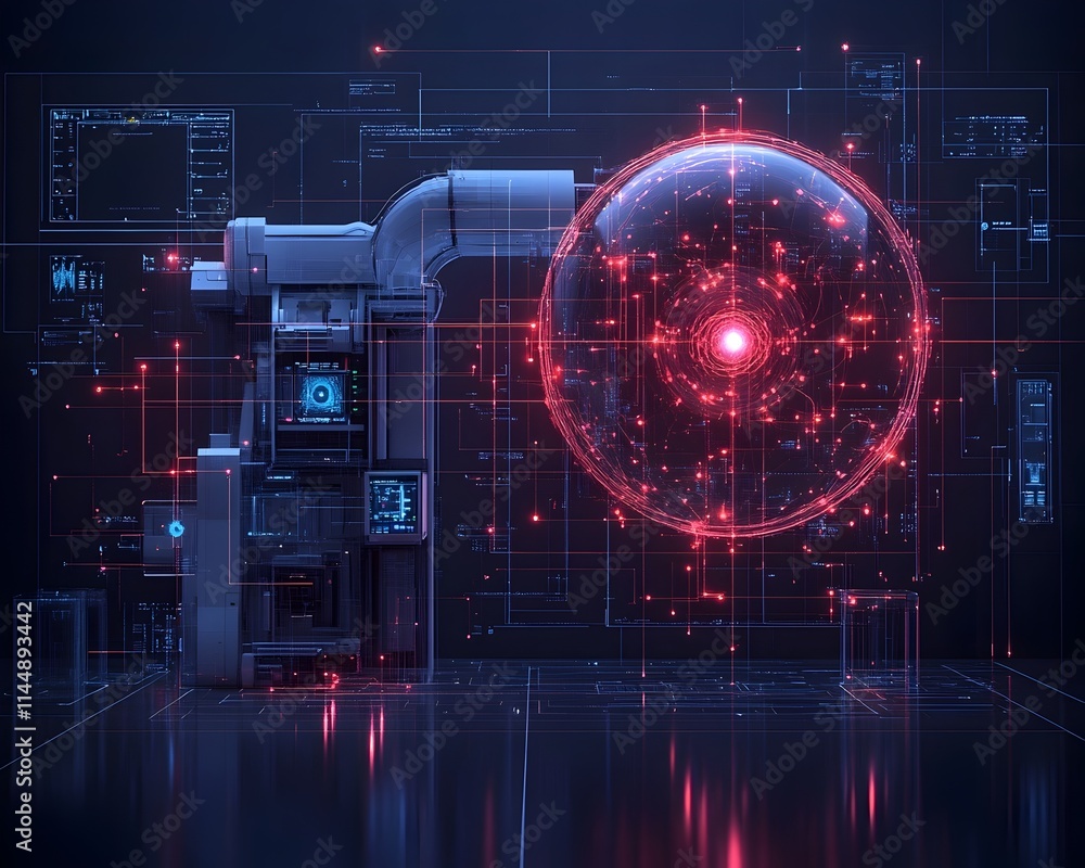 Poster technetium atom visualization with interactive electron simulation showcasing its role in revolution