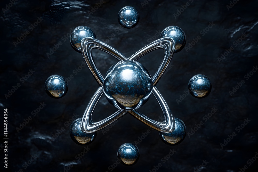 Poster elegant stylized representation of a technetium atom emphasizing its unique properties and versatili