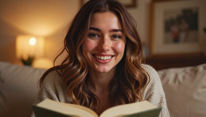 Smiling woman reading a book in cozy evening light
