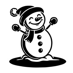 Clean black and white vector silhouette of snowman on white background