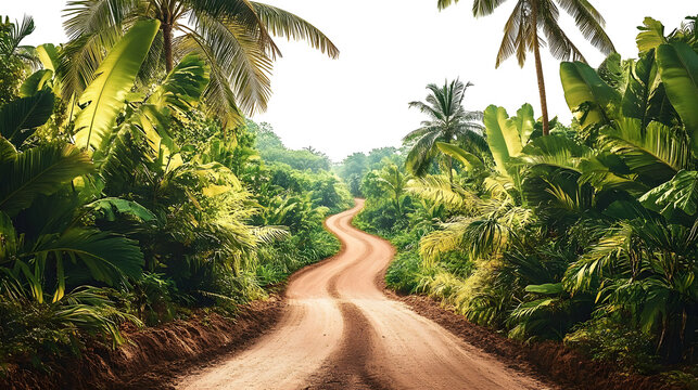 A dirt road through a dense jungle, lush and vibrant, tropical scenery, isolated on white background
