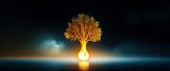 Glowing golden tree of life, bioluminescent roots, reflective water surface, cosmic background, ethereal light, surreal landscape, digital art, fantasy illustration, vibrant colors, symmetrical compos