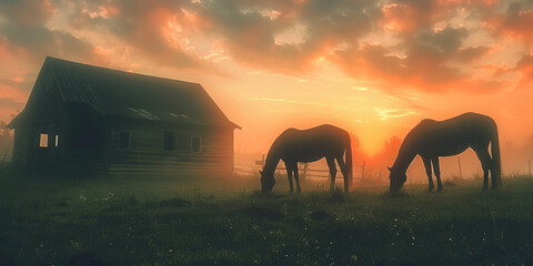 Naklejka premium Sunrise Pasture with Horses and Barn