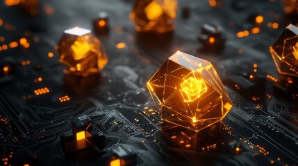 Abstract digital art showing glowing geometric shapes on a dark circuit board background, representing technology, innovation, and advanced computing in a futuristic setting