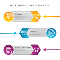 3 steps or options of business to success. Business Infographic square design template. Business infographic for Presentation and Report Design. 3 Steps process timeline vector illustration