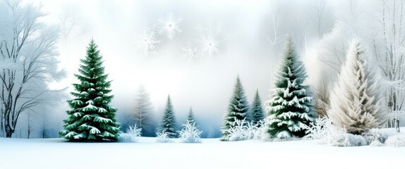 Winter landscape, snow-covered pine trees, misty forest background, soft light, ethereal atmosphere, watercolor style, white and blue tones, serene scene, gentle snowfall, dreamy winter wonderland, de