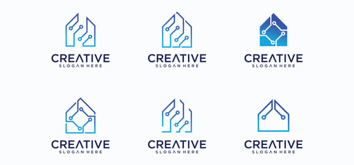House logo design in line dot art style, building technology logo, modern buiding logo.