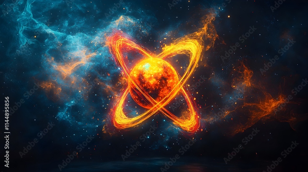 Poster vibrant abstract visualization of a technetium atom exploring its quantum mechanical nature and role