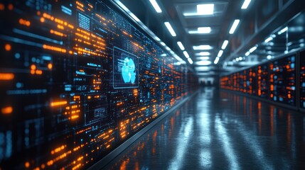 Futuristic data center with glowing interfaces.