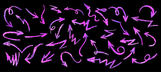 Neon purple arrows set. Wax crayon drawing grafitti elements in acid pink color. Collection of vector charcoal outline symbols of direction indicators. Graffiti lightning icons Children drawing style.