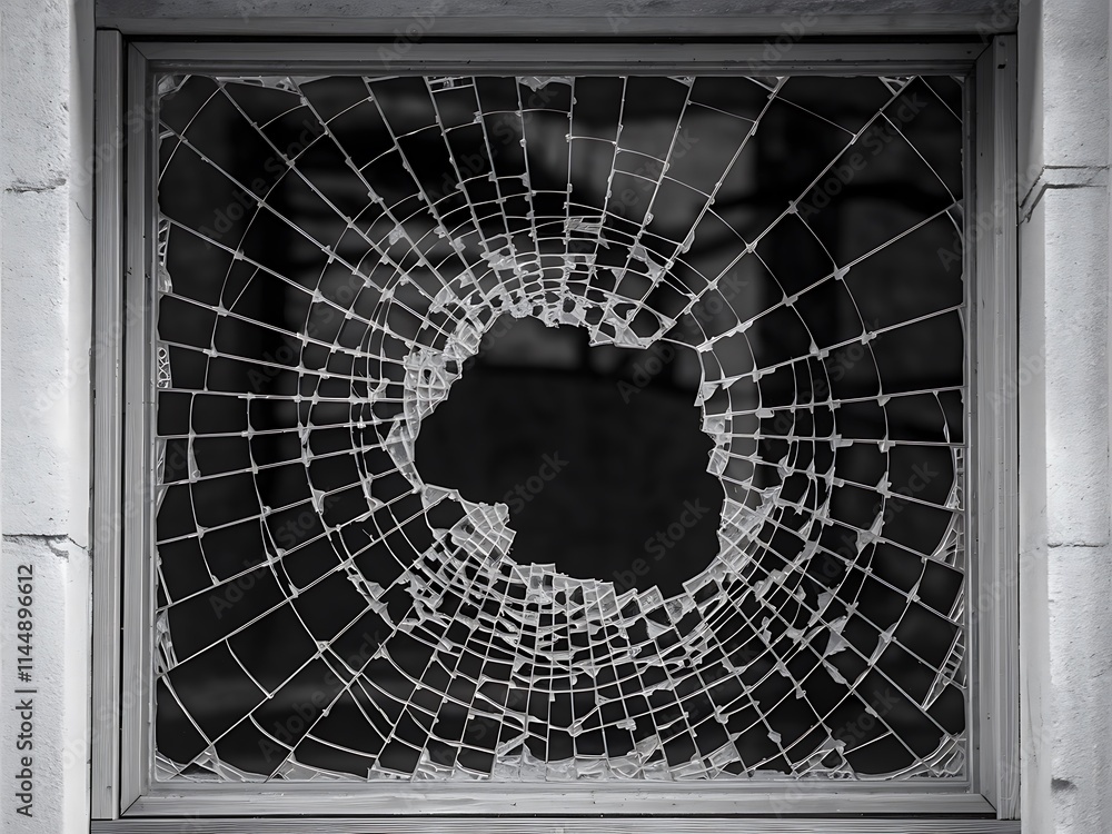 Poster abstract fractal background with circles, stark black-and-white image of a broken glass window with 