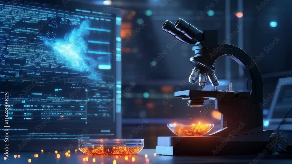 Poster a microscope examines a glowing substance in a futuristic lab, data displayed on a nearby monitor. i