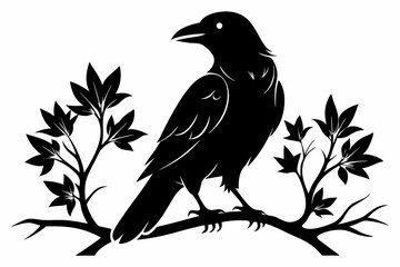 crow setting on a branch line art silhouette vector illustration