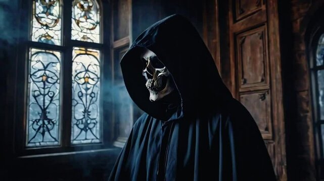 Ghostly witch figure haunting mansion, ghost in the castle on window background. back, rear view of lucifer devil demon fallen angel in black, 4k High-Quality Wallpaper Background Animation Video