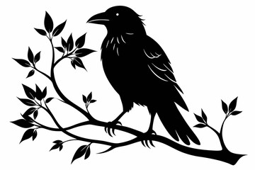 crow setting on a branch line art silhouette vector illustration