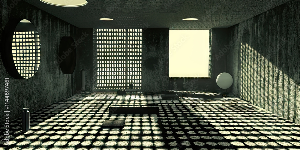 Aufkleber digital rendering of minimalist interior space with gridded partitions and circular mirrors