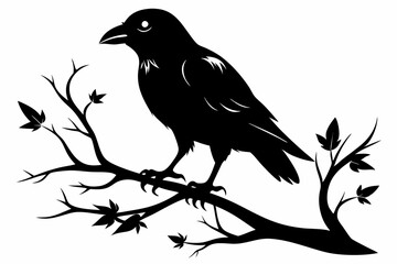 crow setting on a branch line art silhouette vector illustration