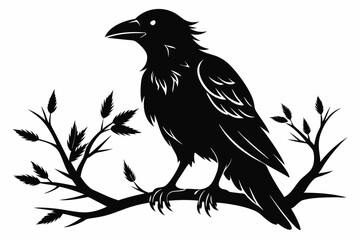 crow setting on a branch line art silhouette vector illustration