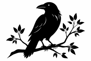 crow setting on a branch line art silhouette vector illustration