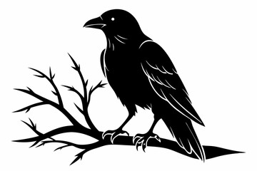 crow setting on a branch line art silhouette vector illustration