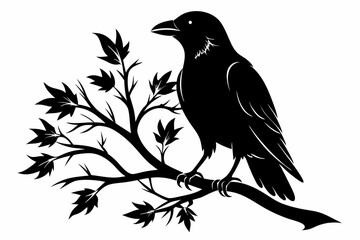 crow setting on a branch line art silhouette vector illustration