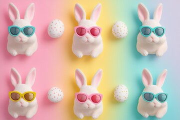 Obraz premium Easter bunny faces with trendy sunglasses and pastel neon highlights