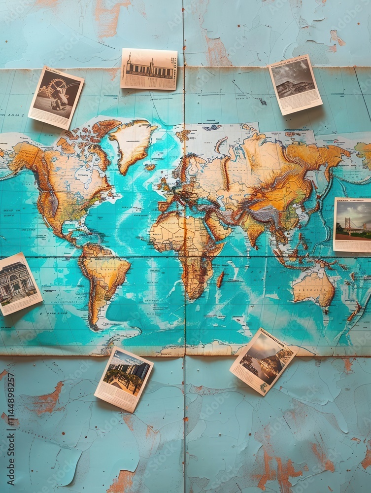 Poster travel memories displayed on a world map backdrop showcasing diverse destinations and experiences ar