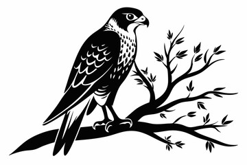 falcon on the tree branch line art silhouette vector illustration
